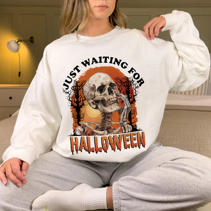 Teesdily | Halloween Cool Skeleton Shirt, Skeleton Just Waiting For Halloween Shirt, Funny Skeleton Sweatshirt Hoodie Mug, Horror Halloween Gifts