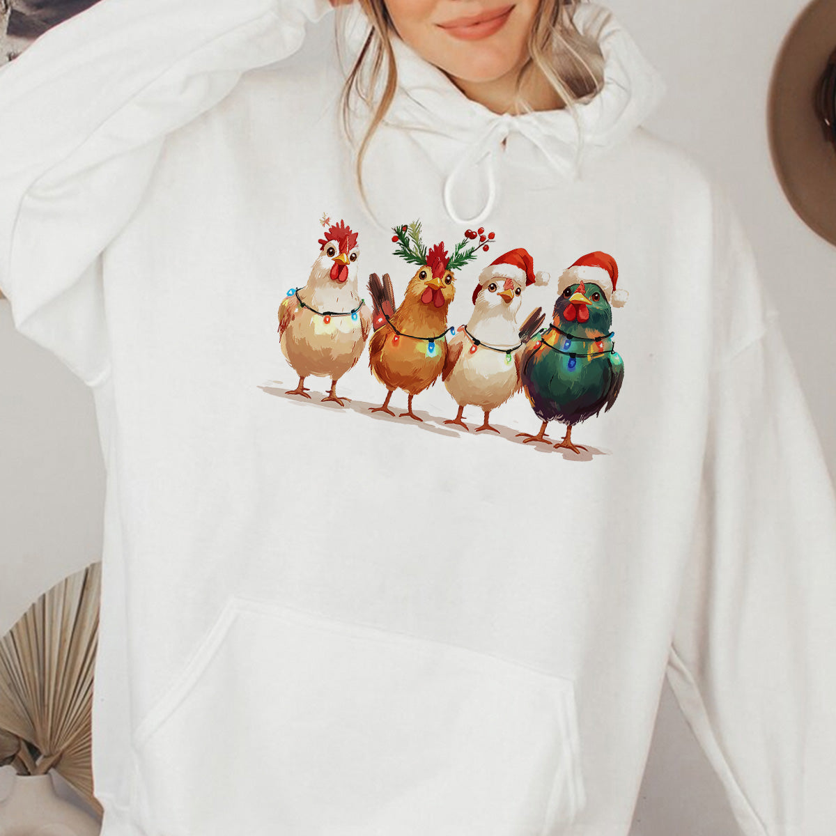 Teesdily | Christmas Chicken Light Shirt, Santa Chicken T-shirt, Farm Animal Sweatshirt, Christmas Farm Hoodie Mug, Chicken Lover Gift