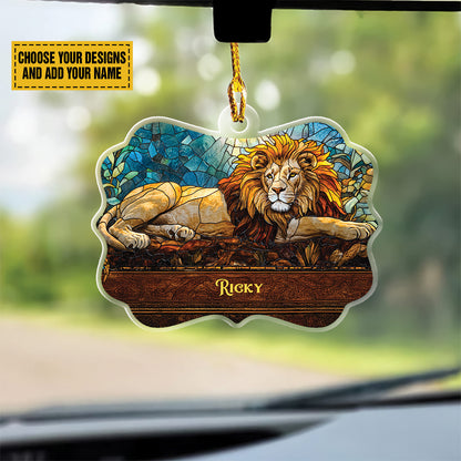 Teesdily | Personalized  Jesus Lion Of Judah Stained Glass Art Acrylic Ornament, Jesus Lion Car Hanging Ornament, Jesus Lovers Gift, Christmas Jesus Ornament