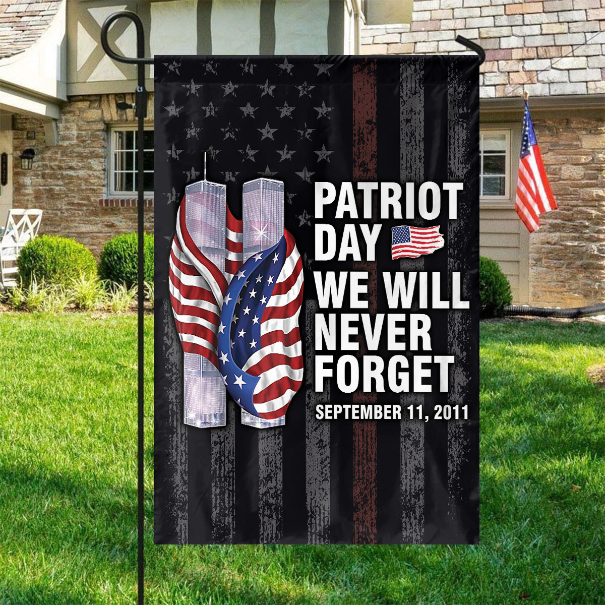 Teesdily | Patriot Day We Will Never Forget House Flag, Firefighter Thin The Red Yard Flag, September 11 Day Garden Flag, Patriot Day Gifts