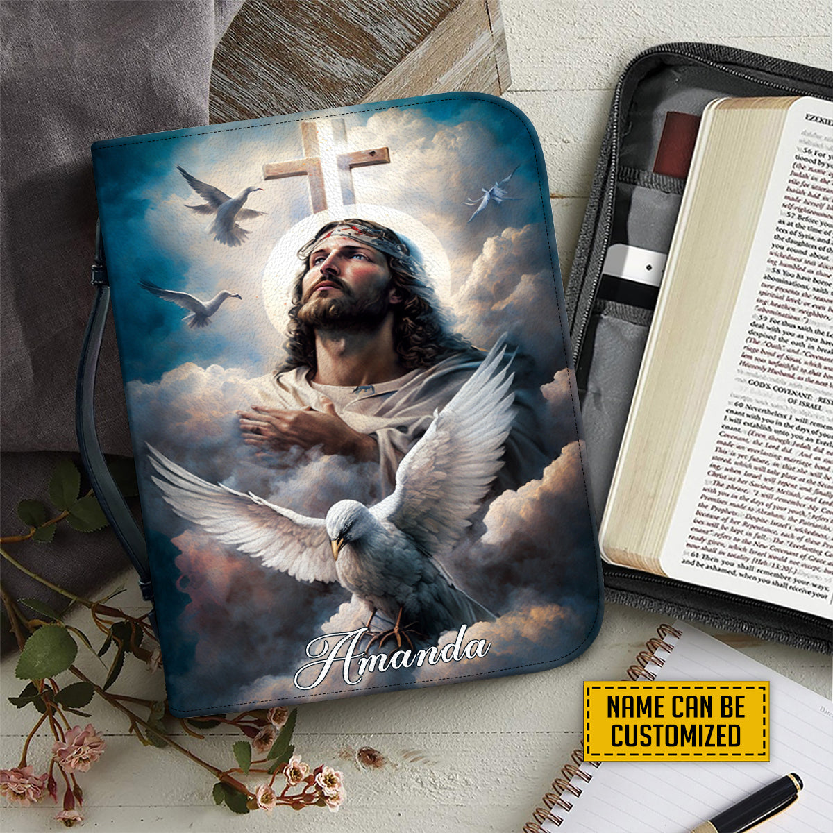 Teesdily | Customized Jesus Praying Doves Bible Holder Jesus Heaven Personalized Bible Case Religious Gift For God Believers