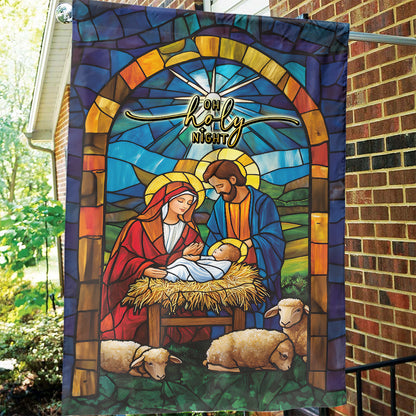 Teesdily | Christmas Jesus Nativity O Holy Night Garden Flag, Christian Christmas Scene Stained Glass Print House Flag Decor Yard