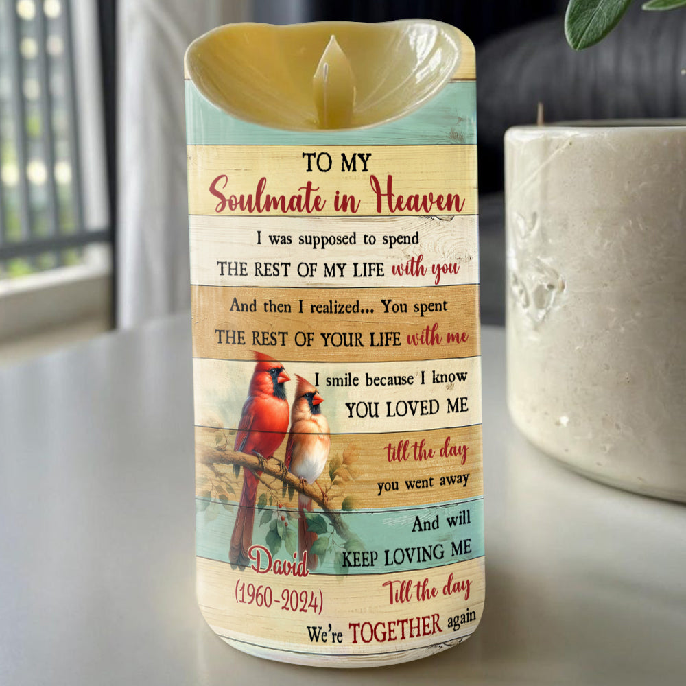 Teesdily | Customized Memorial Family Led Candle, To My Soulmate In Heaven Flameless Candle, Memorial Gift, Keepsake Gift