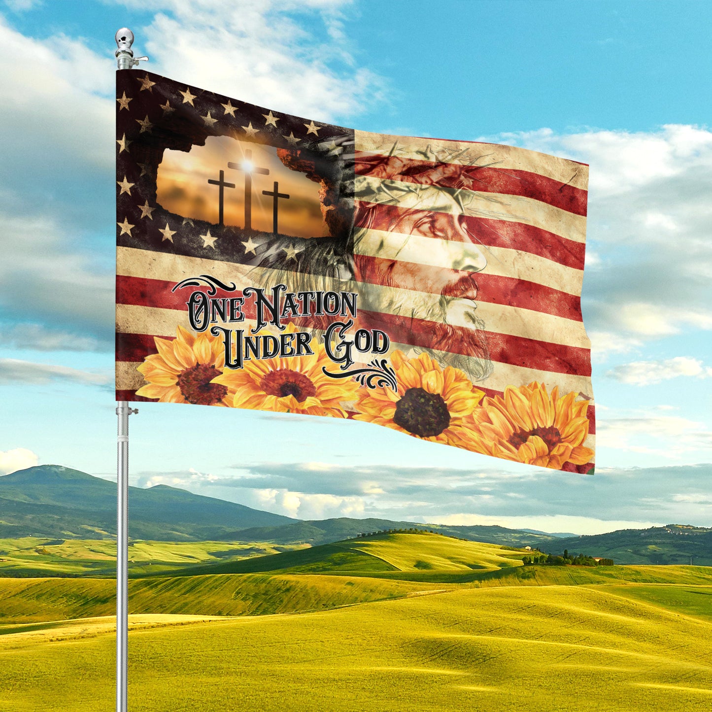 Teesdily | One Nation Under God Garden Flag, Christian Jesus American Flag Yard Home Banner, Christ Cross Sunflower House Flag, Jesus Lover Gift