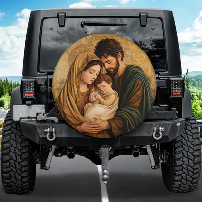 Teesdily | Holy Family Car Spare Tire Cover, Merry Christmas 2024 Wheel Cover, Jesus Christmas Tire Protector Decoration Gift