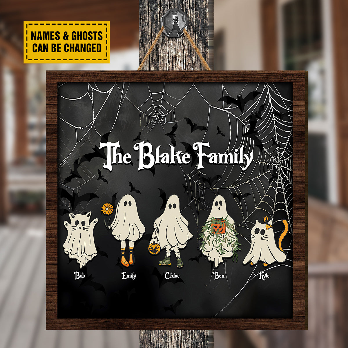 Teesdily | Personalized Ghost Family Halloween Wood Sign, Family Members With Pets Halloween Gifts, Halloween Decor Sign, Spooky Season Home Decor