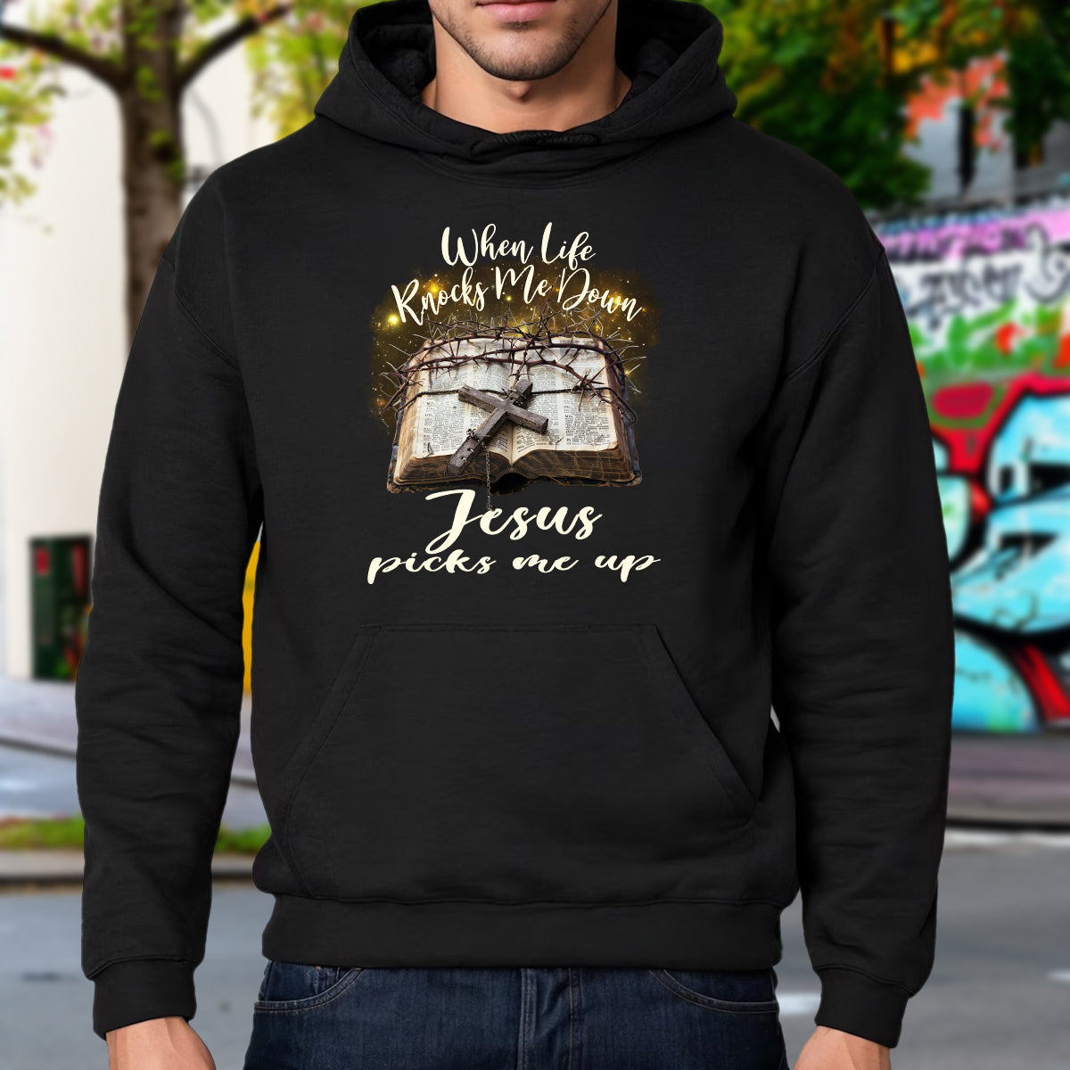 Teesdily | Jesus Cross Bible Book Shirt, When Life Knocks Me Down Jesus Picks Me Up, God Gift, Unisex Tshirt Hoodie Sweatshirt Mug