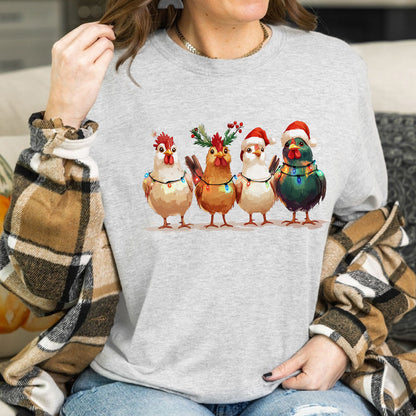 Teesdily | Christmas Chicken Light Shirt, Santa Chicken T-shirt, Farm Animal Sweatshirt, Christmas Farm Hoodie Mug, Chicken Lover Gift