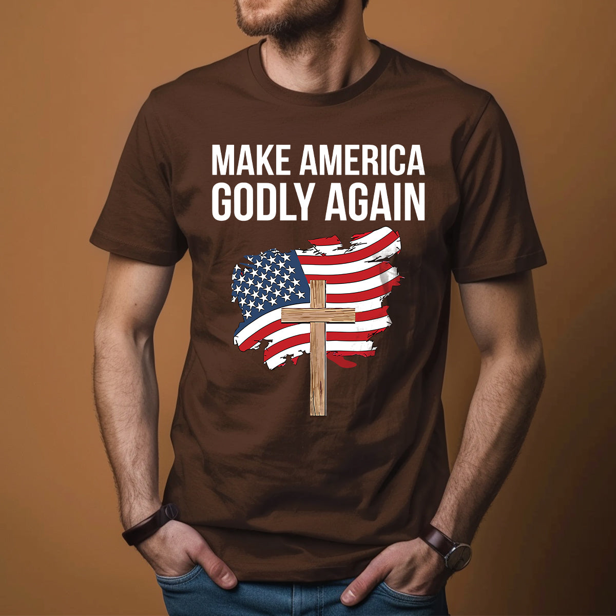 Teesdily | Jesus Cross Patriotism American Shirt, Make America Godly Again Jesus Shirt, Independence Day Unisex Tshirt Hoodie Sweatshirt Mug