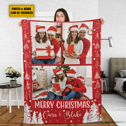 Teesdily | Christmas Blanket With Collage Picture Personalized Christmas Photo Gifts Custom Throw Blankets Xmas Keepsake Gifts For Family Friends