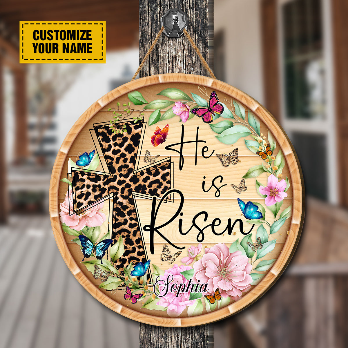 Teesdily | Jesus Leopard Cross Customized Wood Sign Butterfly Floral He Is Risen Door Sign Easter Day Home Decor Ideas Easter Gifts