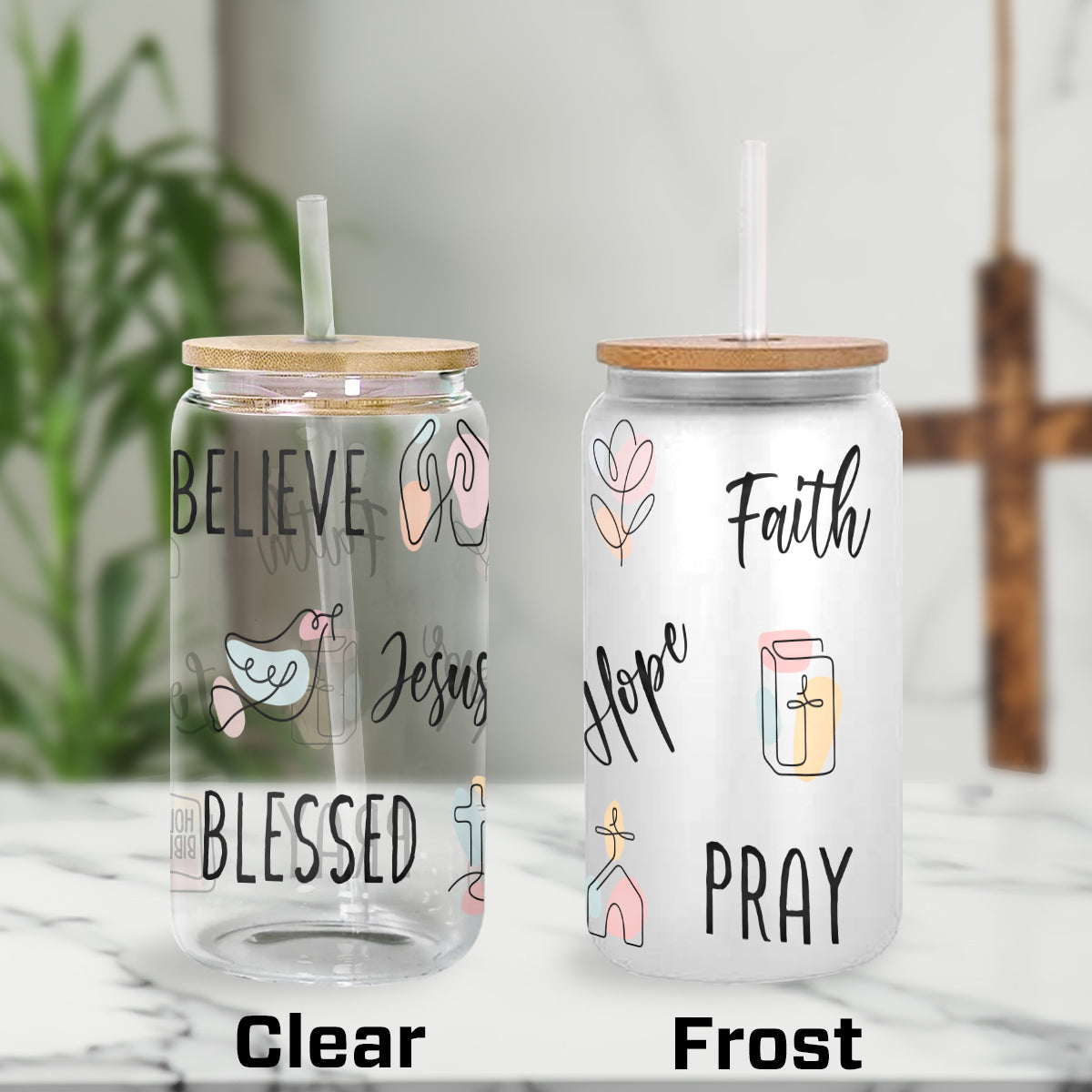 Teesdily | God Bible Verse Glass Tumbler, Christian Affirmation Frosted Glass Can, Christianity Continuous Line Symbols Coffee Cup, Religious Gifts