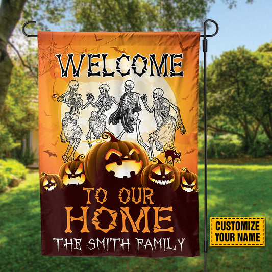 Teesdily | Personalized Welcome To Our Home Flag, Skeleton Dancing Pumpkin Halloween Garden Flag, Halloween Party House Flag, Yard Banner Decor