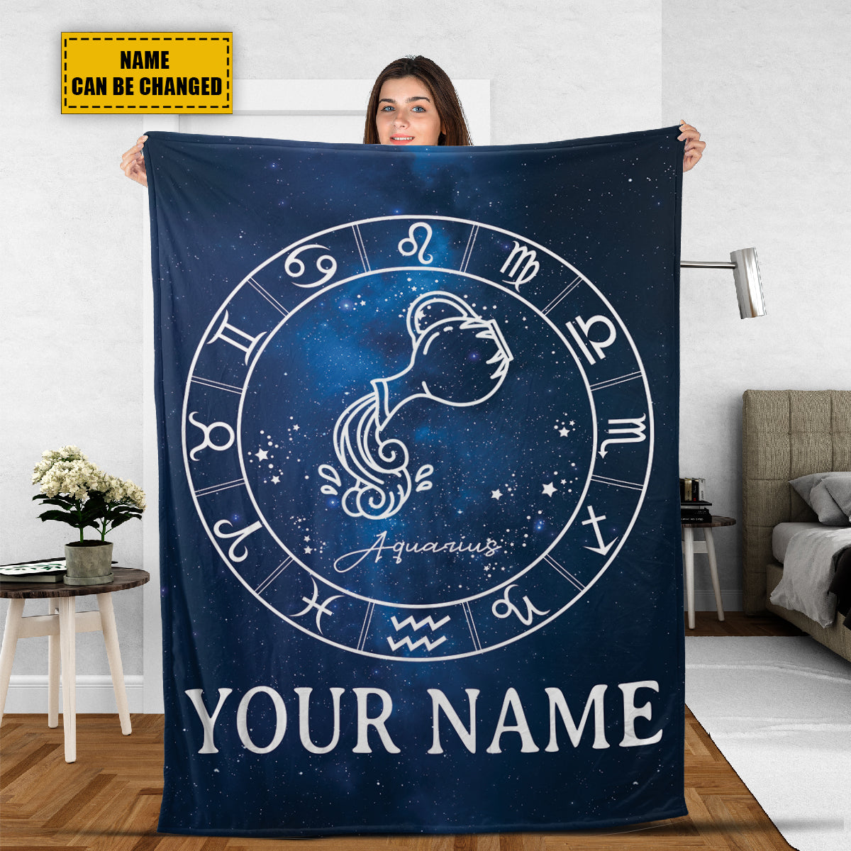 Teesdily | Aquarius Personalized Fleece Blanket With Name Horoscope Design Sherpa Blanket Zodiac Sign Constellation Astrology Adult Kid Birthday Gifts