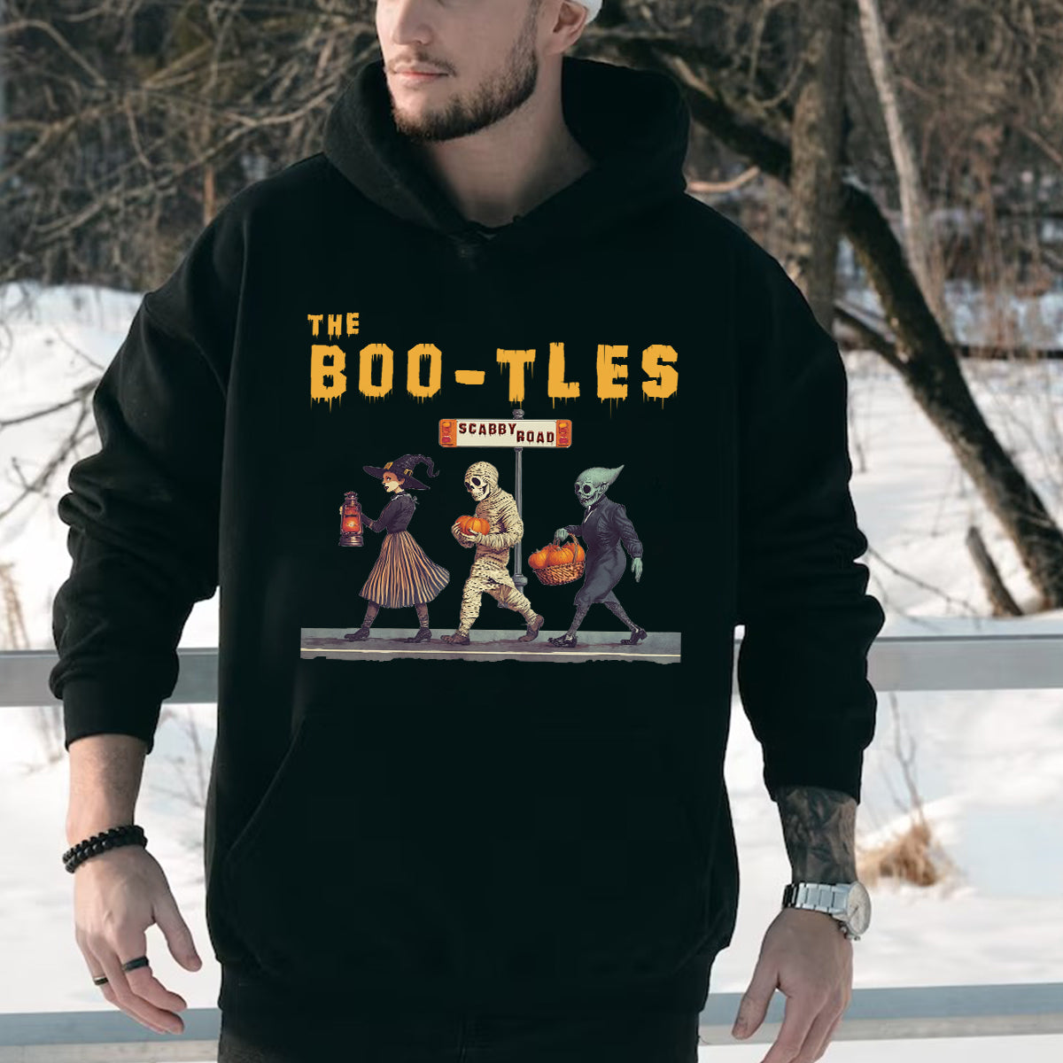 Teesdily | The Boo-tles Shirt, Retro Halloween Ghost Sweatshirt, Scabby Road Witchy Hoodie Mug, Spooky Season Skeleton Pumpkin Halloween Boo Gift