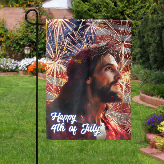 Teesdily | Jesus American Flag Home, Happy 4th Of July House Garden Flag, Independence Day Gifts, God Believer Christian Outdoor Decoration