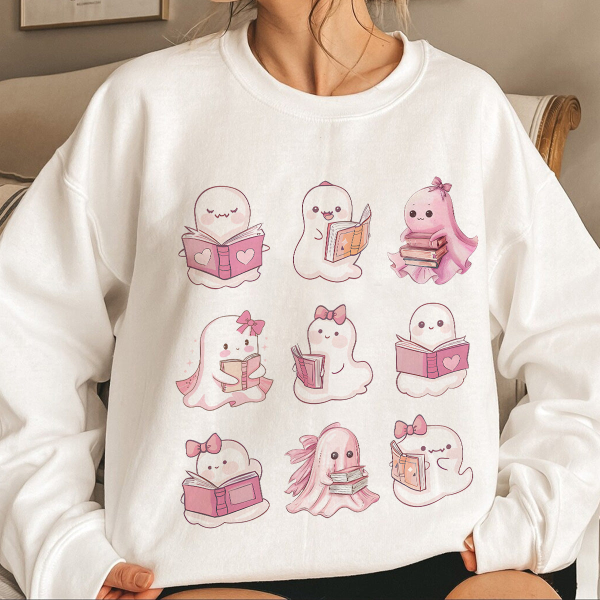 Teesdily | Halloween Pink Ghost Shirt, Halloween Spooky Ghost Reading Book Sweatshirt Hoodie Mug, Ghost Bow Tee, Book Lovers Gift, Halloween Gifts