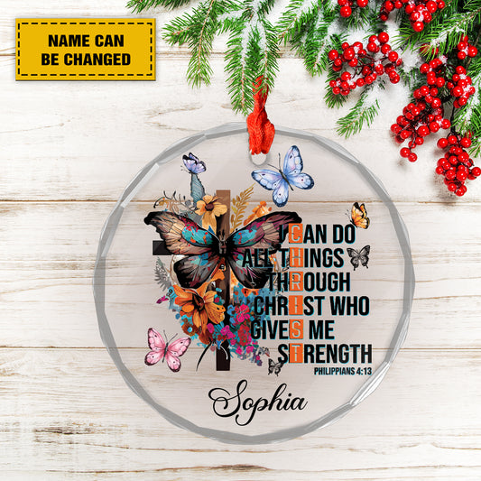 Teesdily | Customized Jesus Cross Butterfly Glass Ornament, I Can Do All Things Through Christ Ornament Christmas, Xmas Ornament, Religious Gift