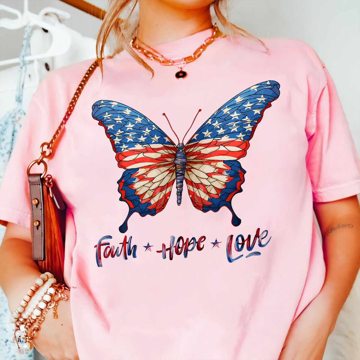 Teesdily | Jesus Butterfly American Flag Shirt, Faith Hope Love US Pride Patriotic T-shirt, Independence Day Sweatshirt Hoodie, Butterfly Lover Gifts