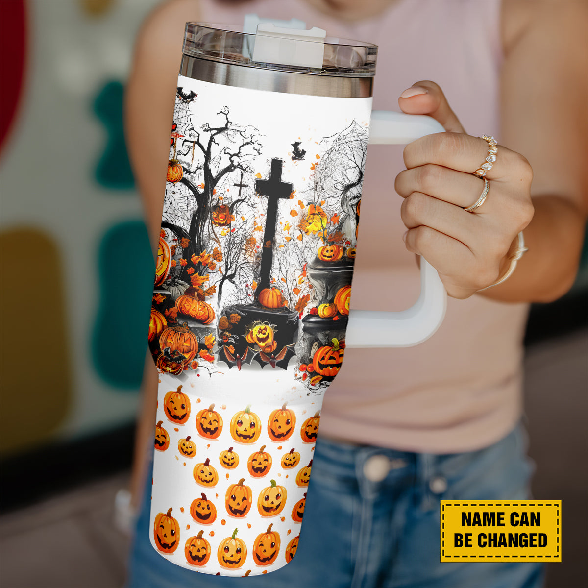 Teesdily | Customized Halloween Pumpkin Trick Or Treat Tumbler 40oz, Pumpkin Witch Spooky Tumbler Mug, Fall Pumpkin Travel Mug Halloween Holiday Gift