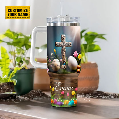 Teesdily | Customized He Is Risen Easter 40oz Tumbler With Handle, Easter Day Personalized Tumbler, Easter Eggs Cross Travel Cup, Easter Gifts