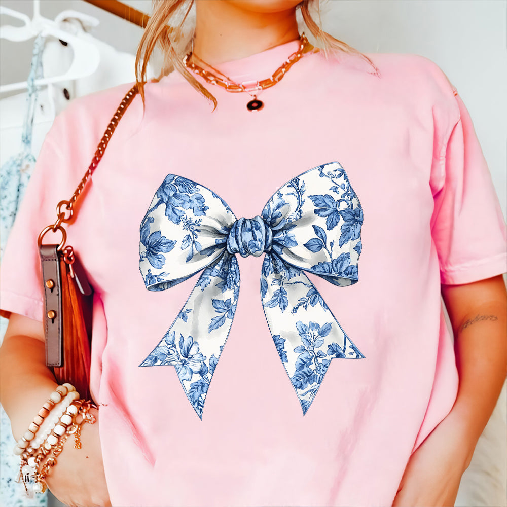 Teesdily | Toile De Jouy Coquette Bow Shirt, Blue Ribbon Sweatshirt, Toile Blue Bow Hoodie Mug, Girly Aesthetic Gift For Mom Sister