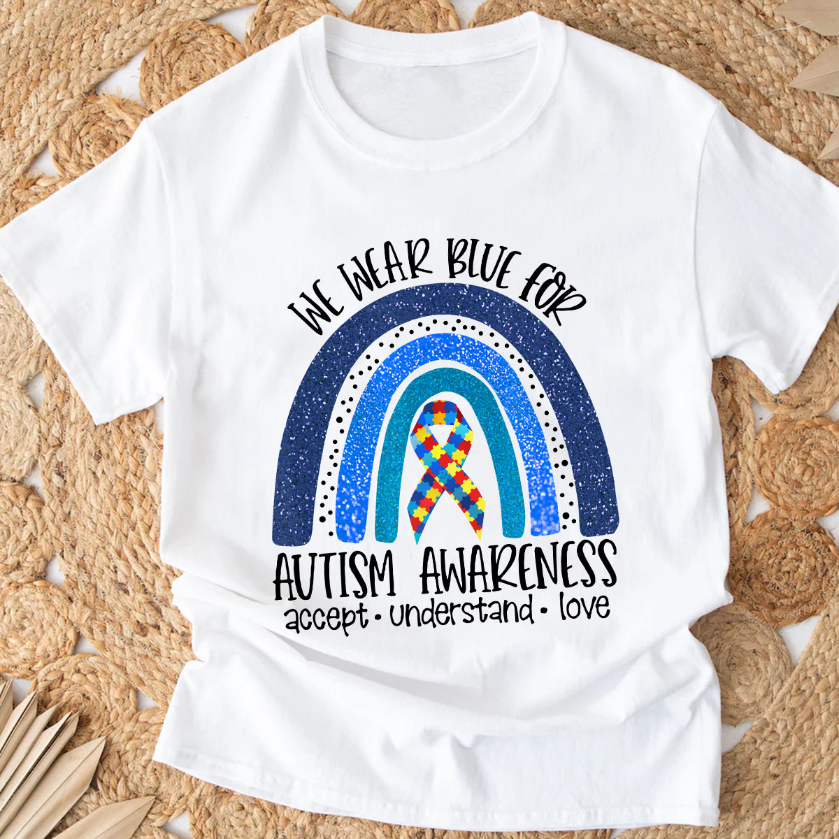 Teesdily | Autism Mom Mother's Day Shirt, We Wear Blue For Autism Shirt, Puzzle Rainbow Tee, Autistic Gifts Unisex Tshirt Hoodie Sweatshirt Mug