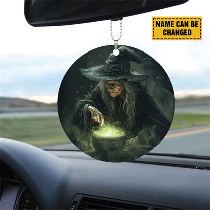 Teesdily | Customized Witch Halloween Ornament Car Hanging, Pumpkin Pot Of Poison Car Rear View Mirror Accessories, Retro Halloween Decorations