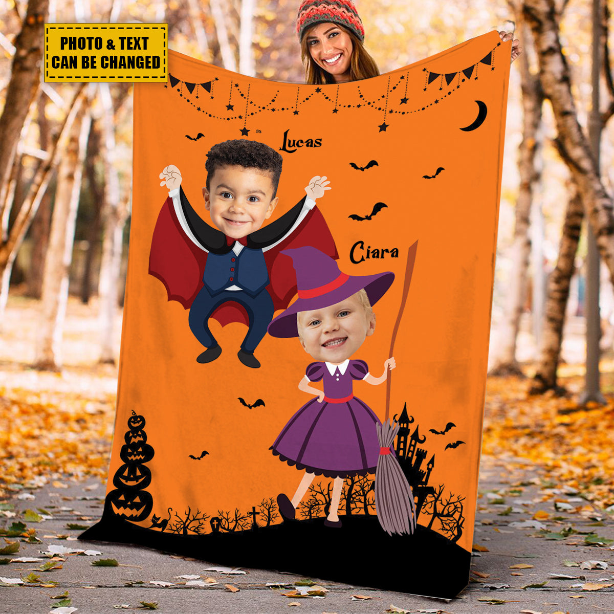 Teesdily | Kid Nursery Halloween Blanket With Face Cute Halloween Sherpa Fleece Blanket Customized Picture Halloween Gift Nursery Decoration