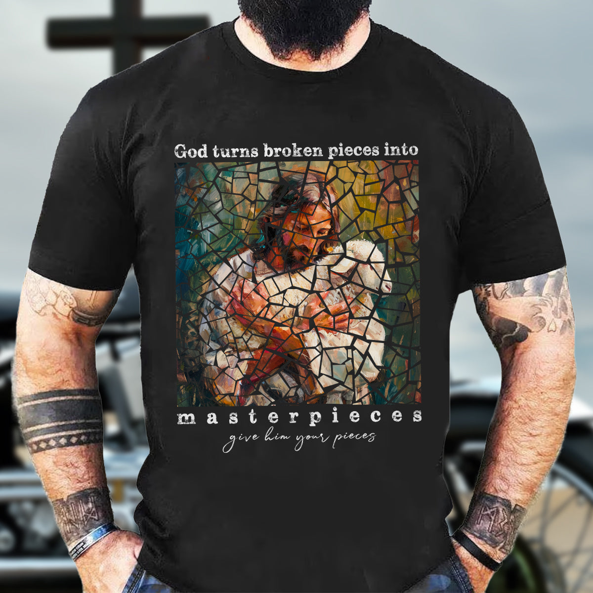 Teesdily | Jesus Lamb Shirt, God Turns Broken Pieces Into Masterpieces Give Him Your Pieces T-Shirt, Lamb Of God Sweatshirt Hoodie Mug Faith Gift