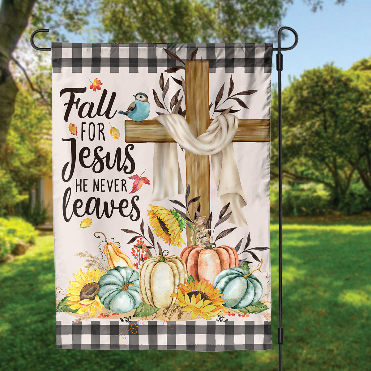 Teesdily | Jesus Cross Thanksgiving House Flag Fall For Jesus He Never Leaves Outdoor Flag Buffalo Plaid Pumpkins Yard Flags Farmhouse Holiday Decor