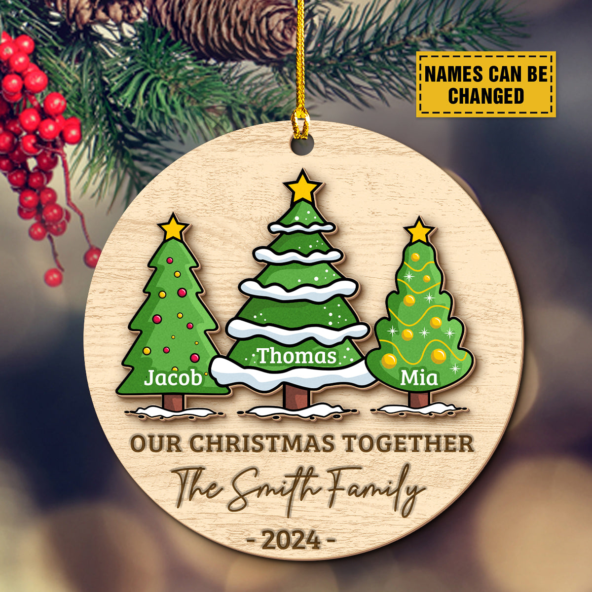 Teesdily | Personalized Christmas Family Tree Wooden Ornament, Our Christmas Together 2-Layered Wooden Ornament Christmas Gift