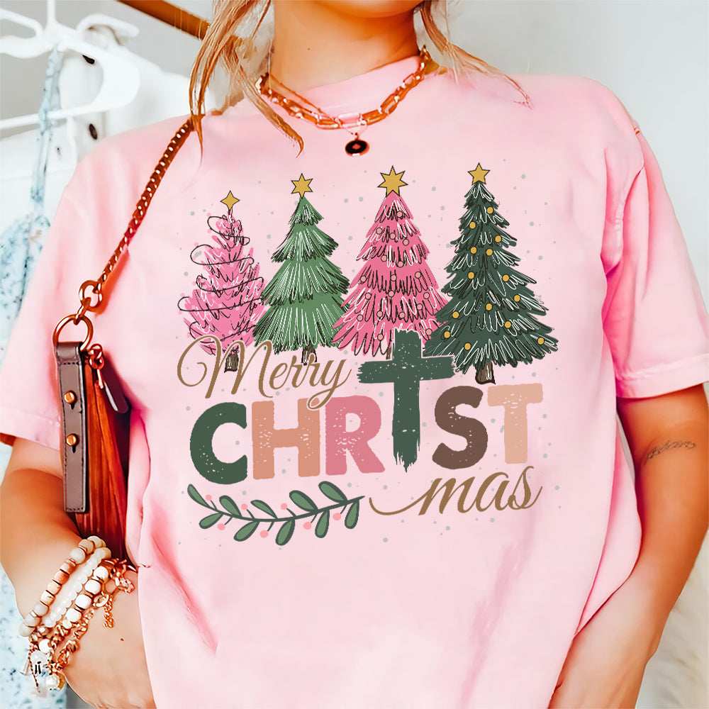 Teesdily | Merry Christmas Shirt, Jesus Christmas T-shirt, Christian Christmas Tree Sweatshirt, Holiday Christmas Hoodie Mug Gift