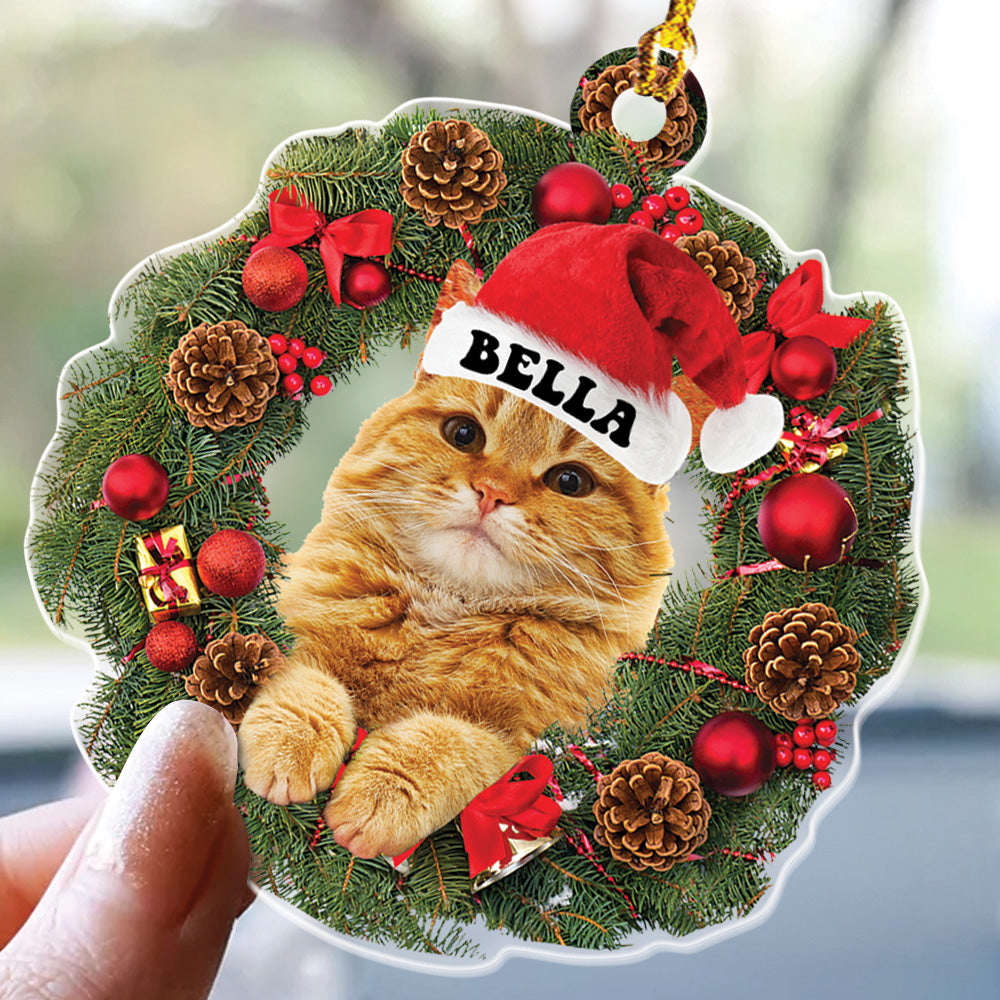 Teesdily | Customized Cat Christmas Ornament, Cute Cat Wreath Christmas 2D Flag Ornament, Cat Mom Cat Dad Ornament, Christmas Gift