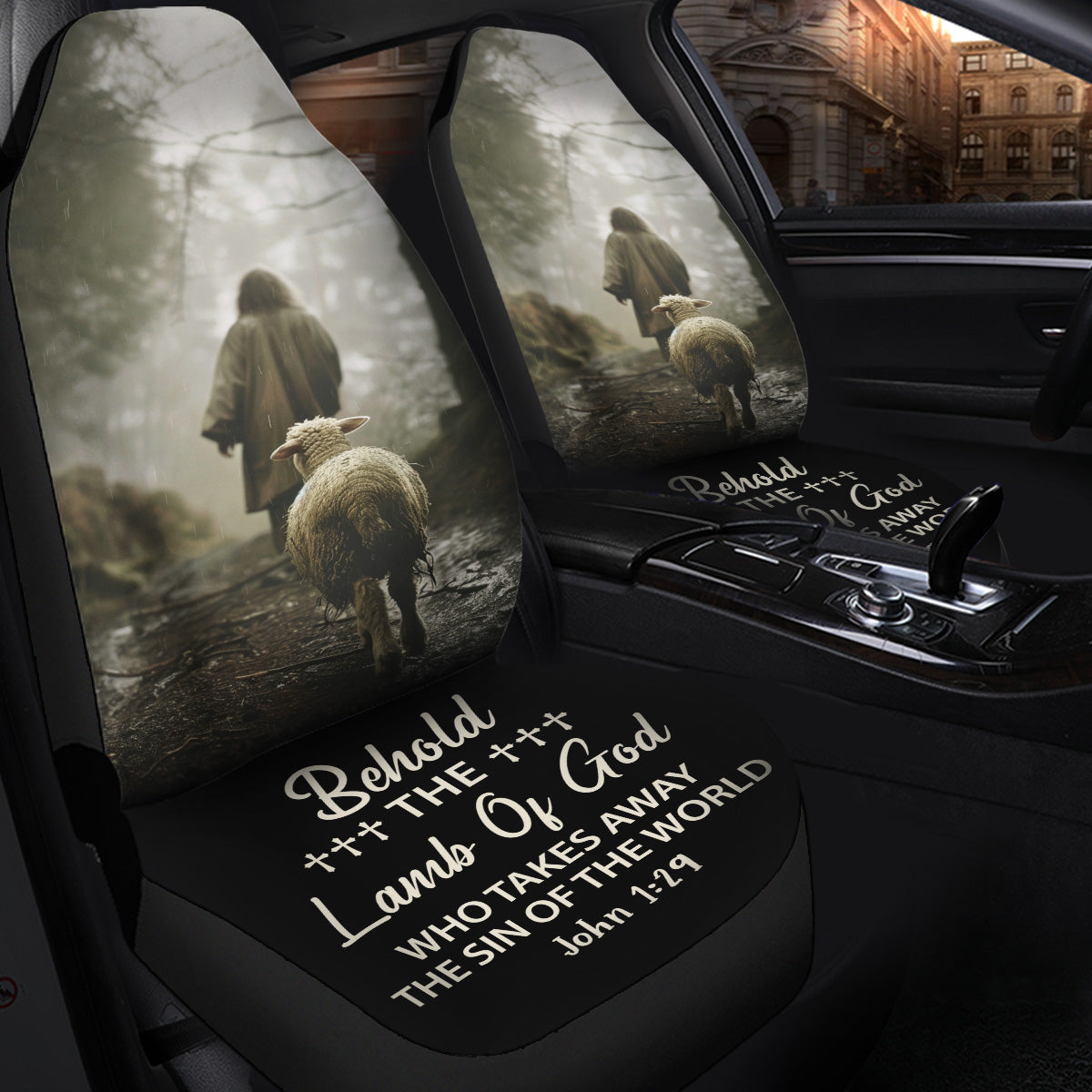 Teesdily | The Lamb Of God Car Seat Cover, John 1 29 Bible Verse Front Protector Seats, Christian Religious Gift, Car Accessories, Faith God Gift