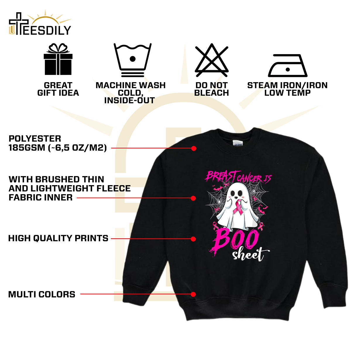 Teesdily | Pink Ribbon Breast Cancer Is Boo Sheet Shirt, Cute Halloween Ghost Boo Sweatshirt, Cancer Survivor Hoodie Mug