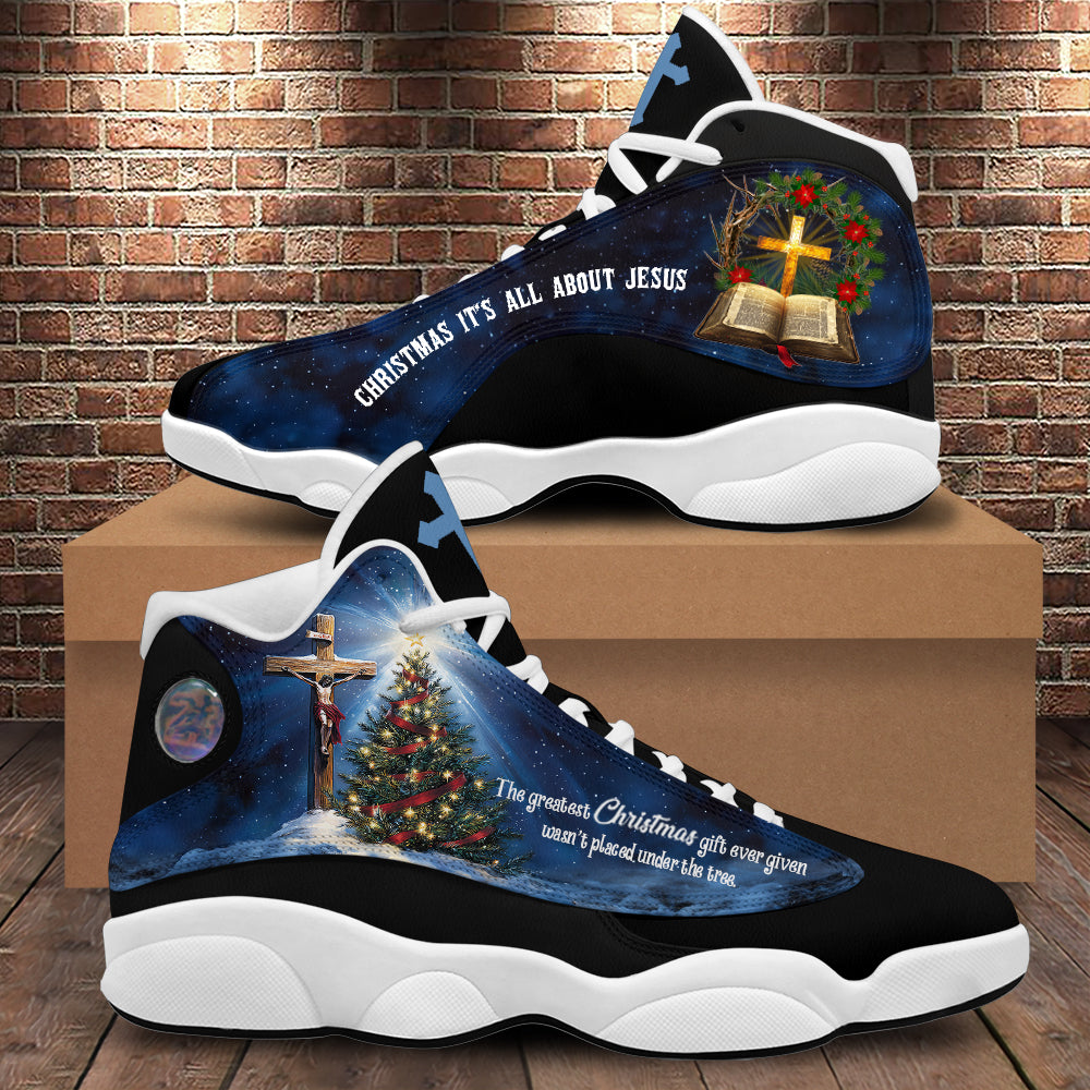 Teesdily | Jesus Christ The Greatest Gift Basketball Shoes, Christmas It's All About Jesus Cross Religious Sport Shoes, Xmas Gift