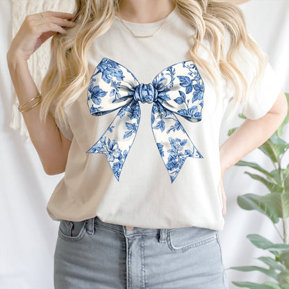 Teesdily | Toile De Jouy Coquette Bow Shirt, Blue Ribbon Sweatshirt, Toile Blue Bow Hoodie Mug, Girly Aesthetic Gift For Mom Sister