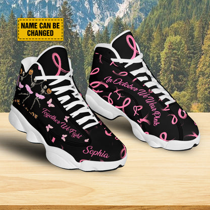 Teesdily | Customized Together We Fighter Shoes, Dancing Skeleton Breast Cancer Basketball Shoes, Halloween In October We Wear Pink Ribbon Shoes