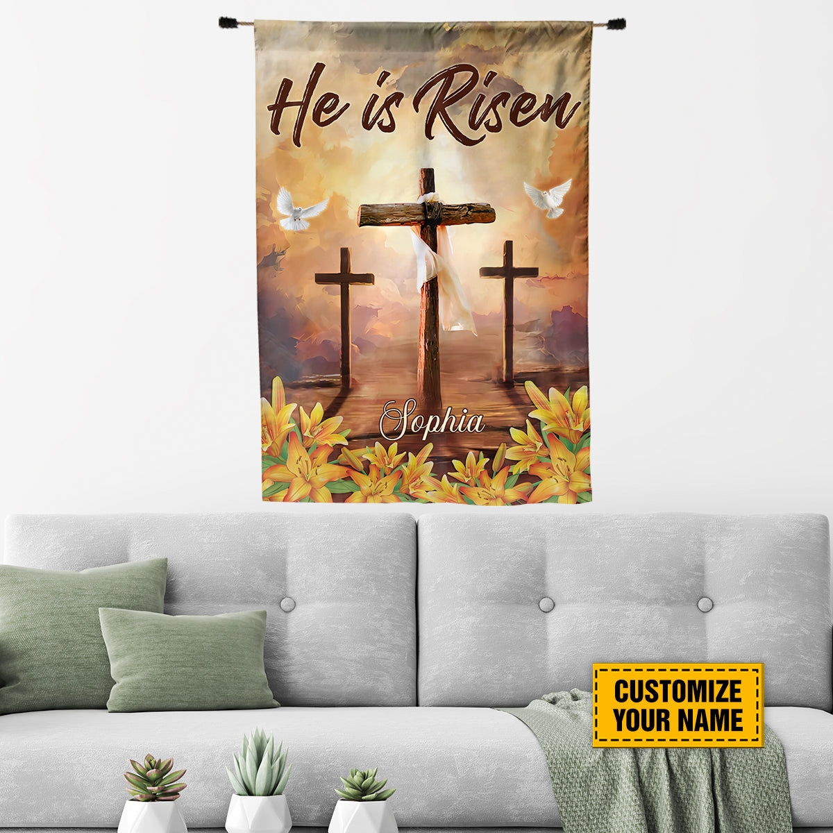 Teesdily | Jesus Christ Cross Customized Garden Flag He Is Risen Lily Floral House Flag Easter Day Home Garden Outdoor Decor