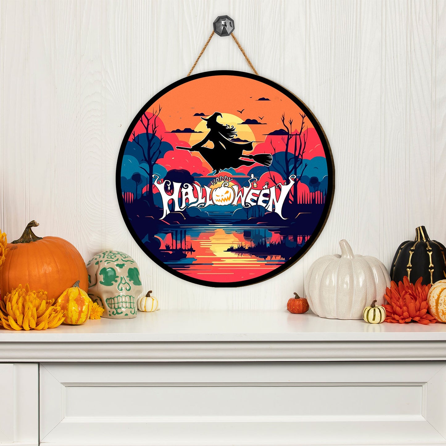 Teesdily | Witch Magical Halloween Sunrise Wood Sign Halloween Trick Or Treat Home Decoration Witch Lovers Gift Porch Decor