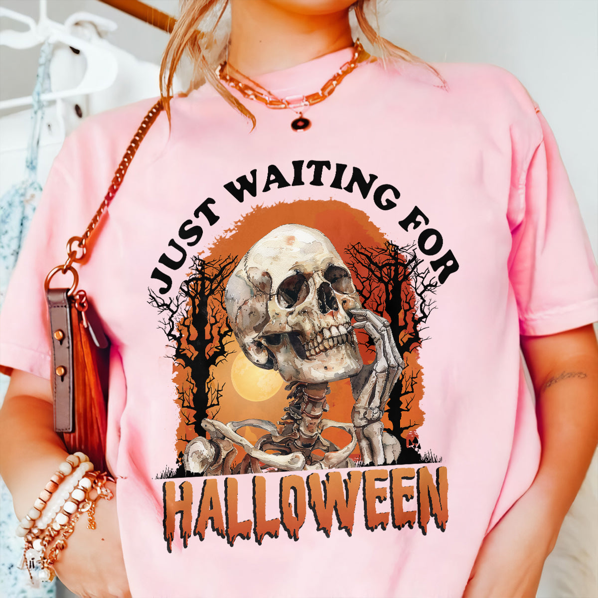 Teesdily | Halloween Cool Skeleton Shirt, Skeleton Just Waiting For Halloween Shirt, Funny Skeleton Sweatshirt Hoodie Mug, Horror Halloween Gifts