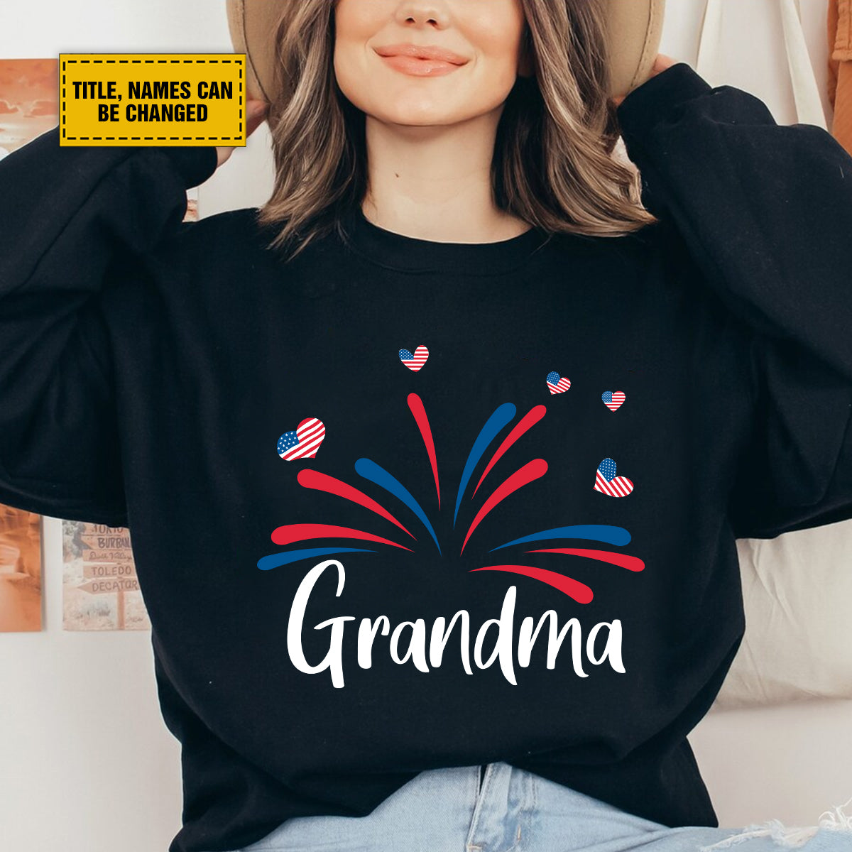 Teesdily | Customized Grandma American Flag Shirt, Fireworks Heart Mom Sweatshirt, Mama And Kids T-Shirt, Mom Papa Mug Cup, Independence Day Gifts