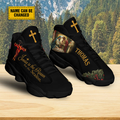 Teesdily | Customized Jesus Is The Reason For The Season Basketball Shoes, Jesus Nativity Christmas Running Shoes, Christmas Gift