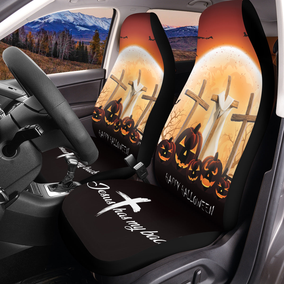 Teesdily | Jesus Has My Back Halloween Car Seat Cover, Happy Halloween Pumpkin Front Car Seat, Christ Cross Protection Seat Cover, Halloween Gift