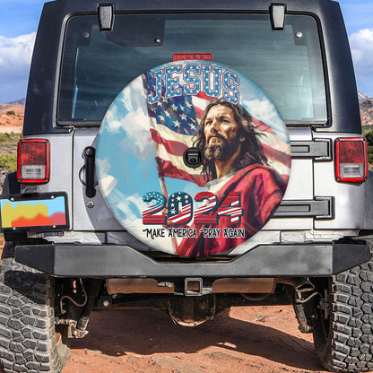 Teesdily | Jesus Christ 2024 Tire Cover, Jesus God American Flag Wheel Cover, Indepedence Car Decor, Make American Pray Again Spare Tire Cover