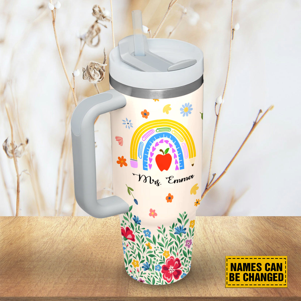 Teesdily | Teacher Rainbow Personalized Tumbler 40oz, Teacher Meadow Print Tumbler, Thank You For Helping Me Grow, Teacher Appreciation Custom Gifts