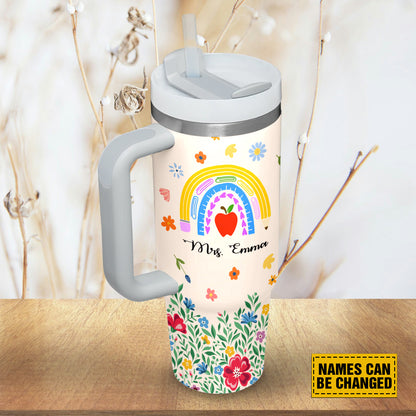 Teesdily | Teacher Rainbow Personalized Tumbler 40oz, Teacher Meadow Print Tumbler, Thank You For Helping Me Grow, Teacher Appreciation Custom Gifts