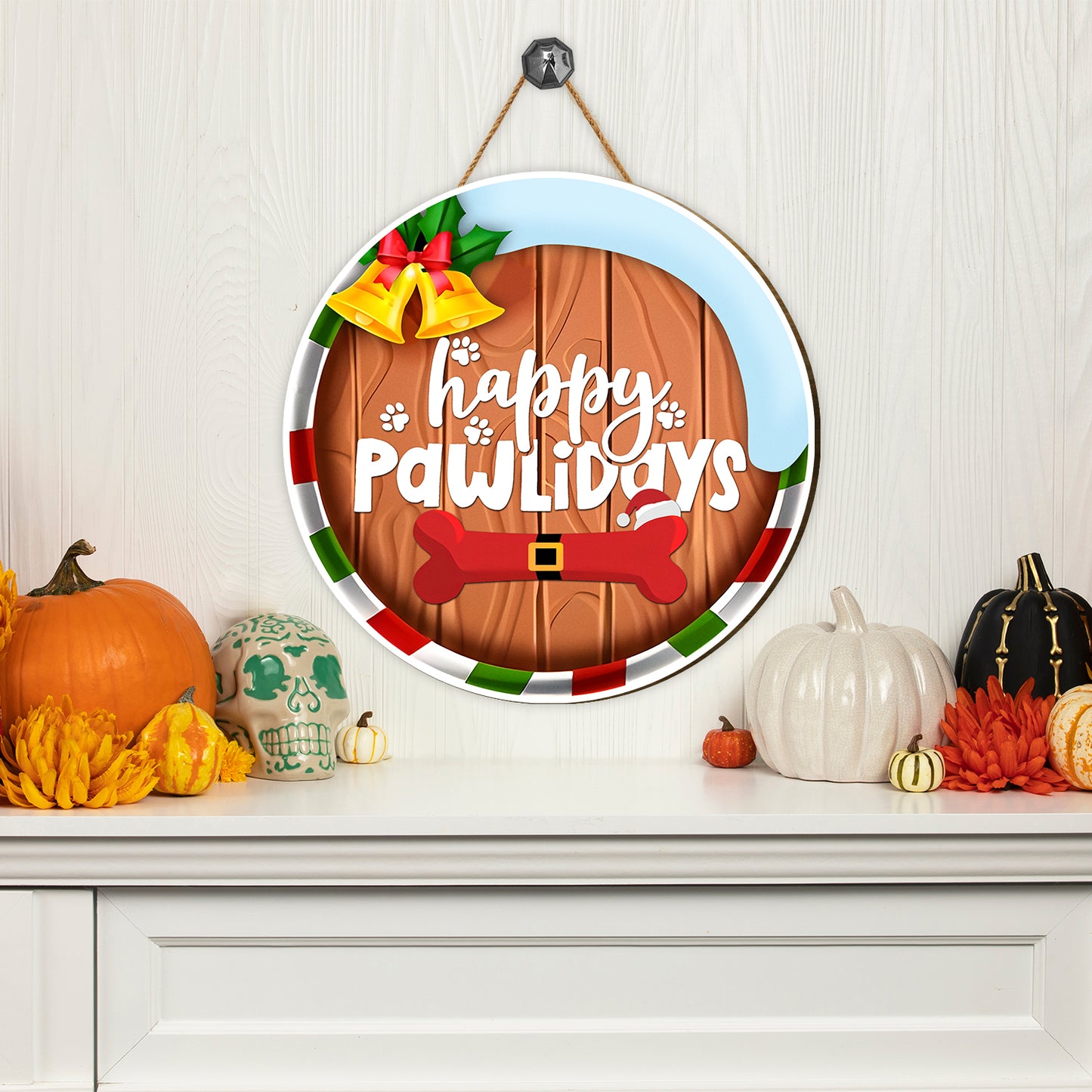 Teesdily | Santa Bone Christmas Round Wood Sign, Happy Pawlidays Christmas Wooden Sign, Happy Pawlidays Wreath Sign, Pet Owner Christmas Gifts