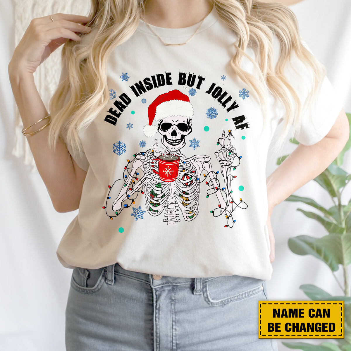 Teesdily | Personalized Christmas Skeleton Shirt, Dead Inside But Jolly AF Sweatshirt Hoodie Mug, Christmas Skeleton Coffee T-shirt